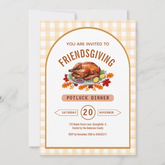 Invitation Turkey Thanksgiving Potluck Dinner Arch Gingham (Devant)