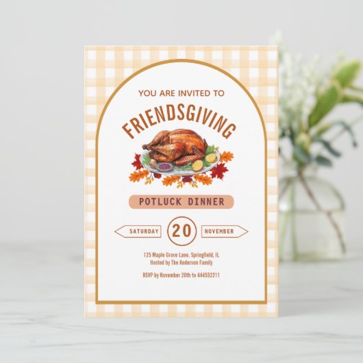 Invitation Turkey Thanksgiving Potluck Dinner Arch Gingham  (Debout devant)