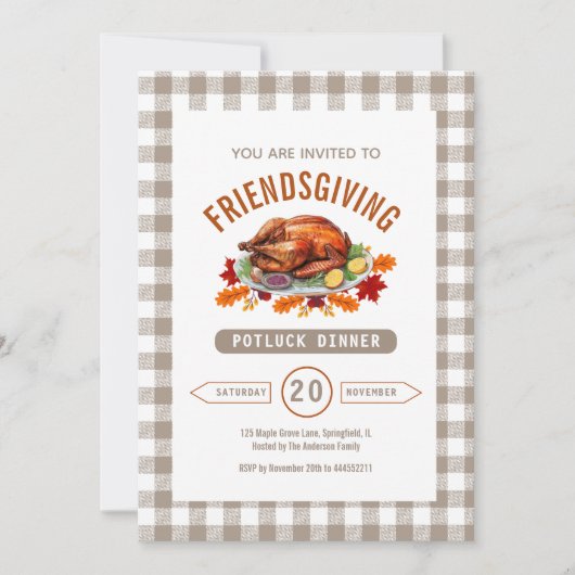 Invitation Turkey Thanksgiving Potluck Dinner Fall Gingham (Devant)