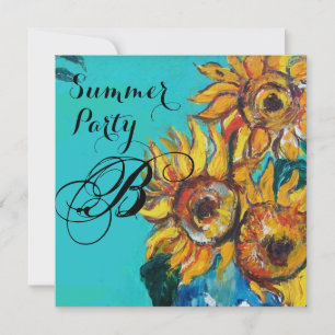 INVITATION TURNESOLS EN BLEU TURQUOISE FÊTE D'ÉTÉ MONOGRAMME