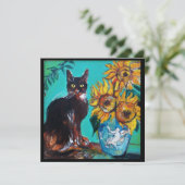 Invitation TURNESOLS ET CHAT NOIR EN BLEU SARCELLE Fête d'été (Debout devant)