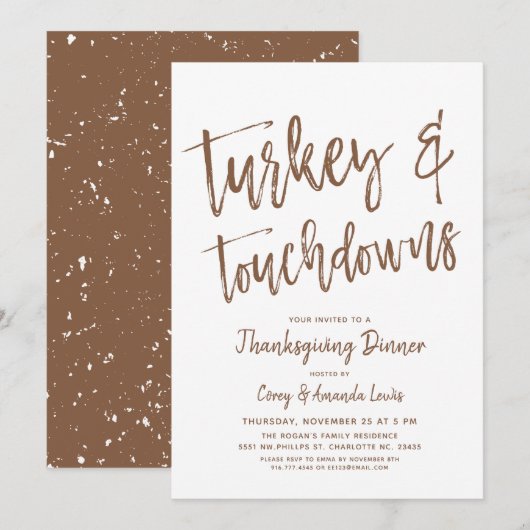 Invitation Turquie et Touchdowns | Thanksgiving Party Brown (Devant / Derrière)