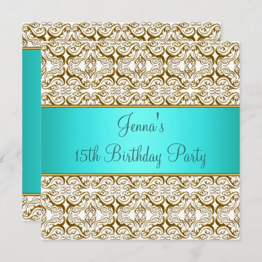 Invitation turquoise 15e anniversaire de fête Bleu (Devant / Derrière)