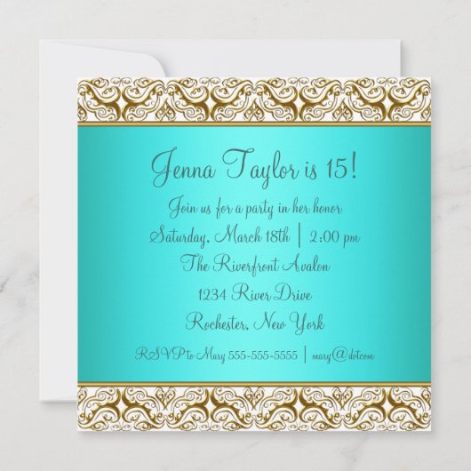 Invitation turquoise 15e anniversaire de fête Bleu (Dos)