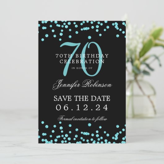 Invitation Turquoise 70e anniversaire Save Date Confetti Blac (Debout devant)