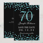 Invitation Turquoise 70e anniversaire Save Date Confetti Blac (Devant / Derrière)