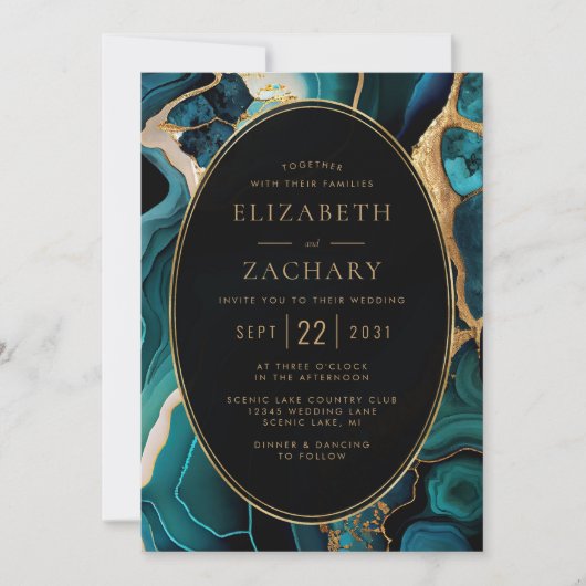 Invitation Turquoise Agate Gold Oval Frame QR Code Mariage (Devant)
