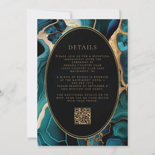 Invitation Turquoise Agate Gold Oval Frame QR Code Mariage (Dos)