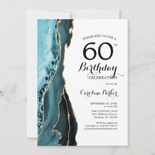 Invitation Turquoise Agate Or Blanc 60e anniversaire (Devant)