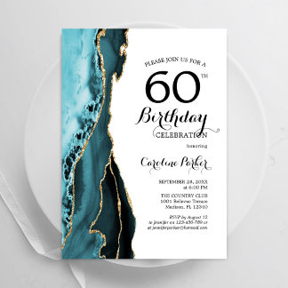 Invitation Turquoise Agate Or Blanc 60e anniversaire