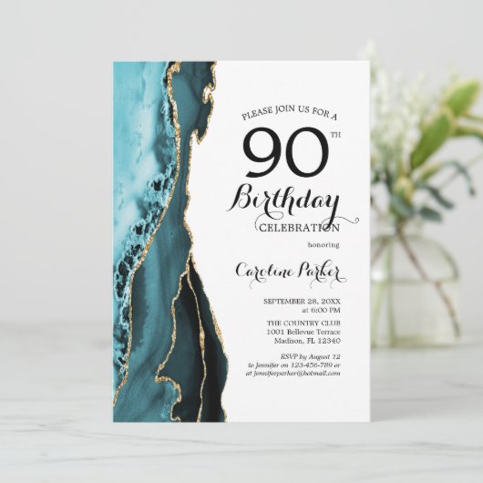 Invitation Turquoise Agate Or Blanc 90e anniversaire (Debout devant)