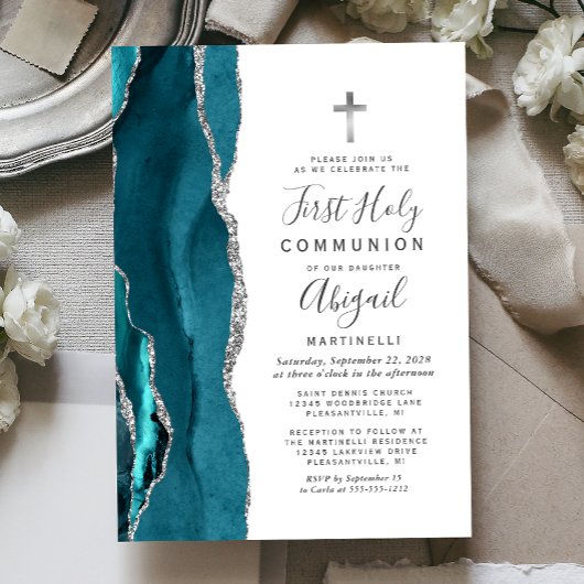Invitation Turquoise Agate Parties scintillant Argent Premièr