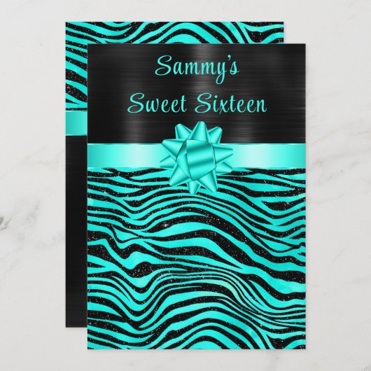 Invitation Turquoise and Black Zebra Stripes Sweet Sixteen (Devant / Derrière)