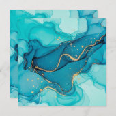 Invitation Turquoise and Teal Alcohol Ink Abstract with Gold  (Devant / Derrière)