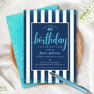 Invitation Turquoise anniversaire paillettes écriture navy an