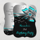 Invitation Turquoise Aqua Black Argent Bow Pearl fête d'anniv (Devant / Derrière)