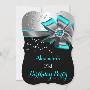Invitation Turquoise Aqua Black Argent Bow Pearl fête d'anniv
