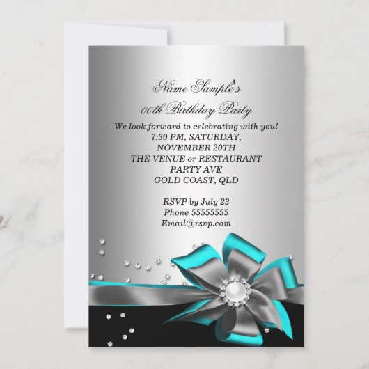 Invitation Turquoise Aqua Black Silver Bow Pearl fête d'anniv (Dos)