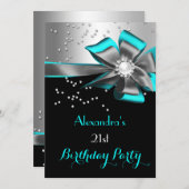 Invitation Turquoise Aqua Black Silver Bow Pearl fête d'anniv (Devant / Derrière)