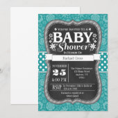 Invitation Turquoise Aqua Blue Chalkboard Baby shower Floral (Devant / Derrière)