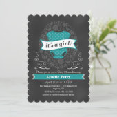 Invitation Turquoise Aqua Blue Chalkboard fille Baby shower I (Debout devant)