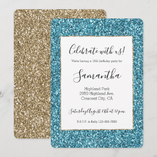 Invitation Turquoise Aqua Blue Gold Parties scintillant