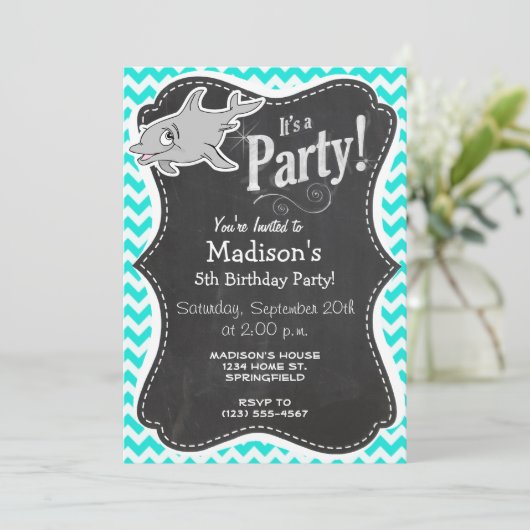 Invitation Turquoise, Aqua Color Chevron; Dauphin (Debout devant)