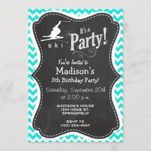 Invitation Turquoise, Aqua Color Chevron; Ski De Neige