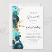 Invitation Turquoise Aqua Gold Floral QR Code Mariage (Devant)