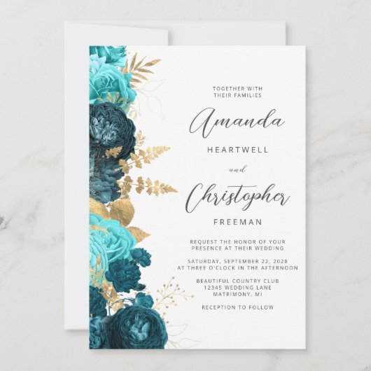 Invitation Turquoise Aqua Gold Floral QR Code Mariage (Devant)
