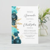 Invitation Turquoise Aqua Gold Floral QR Code Mariage (Debout devant)