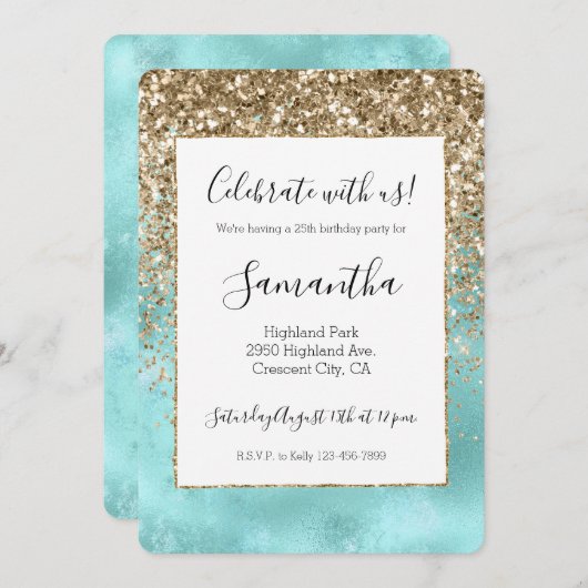 Invitation Turquoise Aqua Gold Glam Parties scintillant étinc (Devant / Derrière)