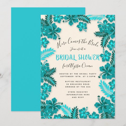 Invitation Turquoise Aqua Hibiscus Fête des mariées tropicale (Devant / Derrière)