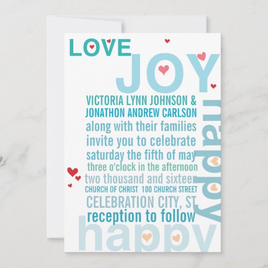 Invitation Turquoise Aqua Red Heart Mariage de typographie mo (Devant)