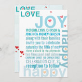 Invitation Turquoise Aqua Red Heart Mariage de typographie mo (Devant / Derrière)