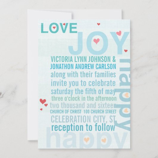 Invitation Turquoise Aqua Red Heart Mariage de typographie mo (Devant)