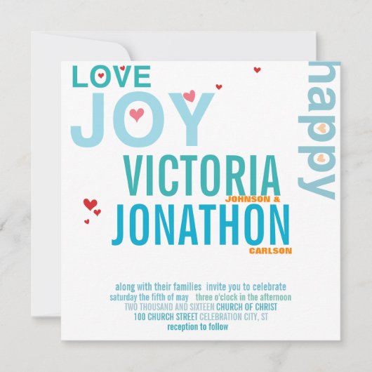 Invitation Turquoise Aqua Red Heart Mariage de typographie mo (Devant)