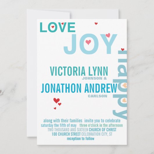 Invitation Turquoise Aqua Red Heart Mariage de typographie mo (Devant)