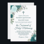 Invitation Turquoise & Aqua Roses Mariage catholique moderne<br><div class="desc">Cette belle faire-part de mariage est parfaite pour une cérémonie catholique moderne. Il présente un design boho chic rustique avec des lettres de script élégantes et des roses aquarelles peints à la main dans des tons turquoises, turquoise et aqua. Inclut une croix ou un crucifix, et une formulation invitant vos...</div>