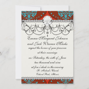 Invitation turquoise aqua rouge henné blanc damask