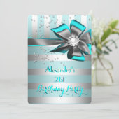 Invitation Turquoise Aqua Silver Stripe Bow Pearl fête d'anni (Debout devant)