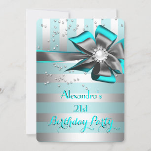 Invitation Turquoise Aqua Silver Stripe Bow Pearl fête d'anni