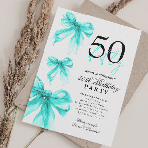 Invitation Turquoise Aquarelle Coquette Nœud 50e Anniversaire