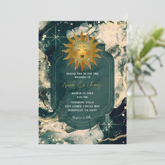 Invitation Turquoise Aquarelle or Celestia Fiery Mariage sole (Debout devant)