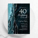 Invitation Turquoise Argent Agate 40e anniversaire<br><div class="desc">Turquoise et argent agate 40e anniversaire invitation de fête. Elégant design moderne avec turquoise turquoise bleu aquarelle agate marbre géode arrière - plan,  faux parties scintillant argent et typographie script. Carte invitation branchée parfaite pour une célébration anniversaire féminine élégante. Invitations Zazzle imprimées ou téléchargement instantané modèle imprimable numérique.</div>