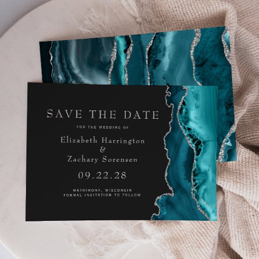 Invitation Turquoise Argent Agate foncé Enregistrer la date