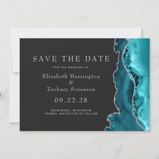 Invitation Turquoise Argent Agate foncé Enregistrer la date (Devant)