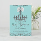 Invitation Turquoise & Argent Blanc Bow Chic Baby shower (Debout devant)