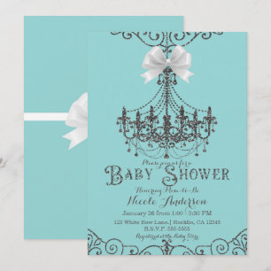 Invitation Turquoise & Argent Blanc Bow Chic Baby shower