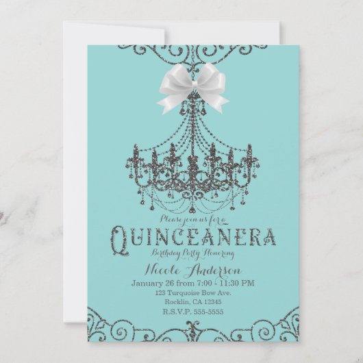 Invitation Turquoise & Argent Blanc Bow Quinceañera 15 15e (Devant)